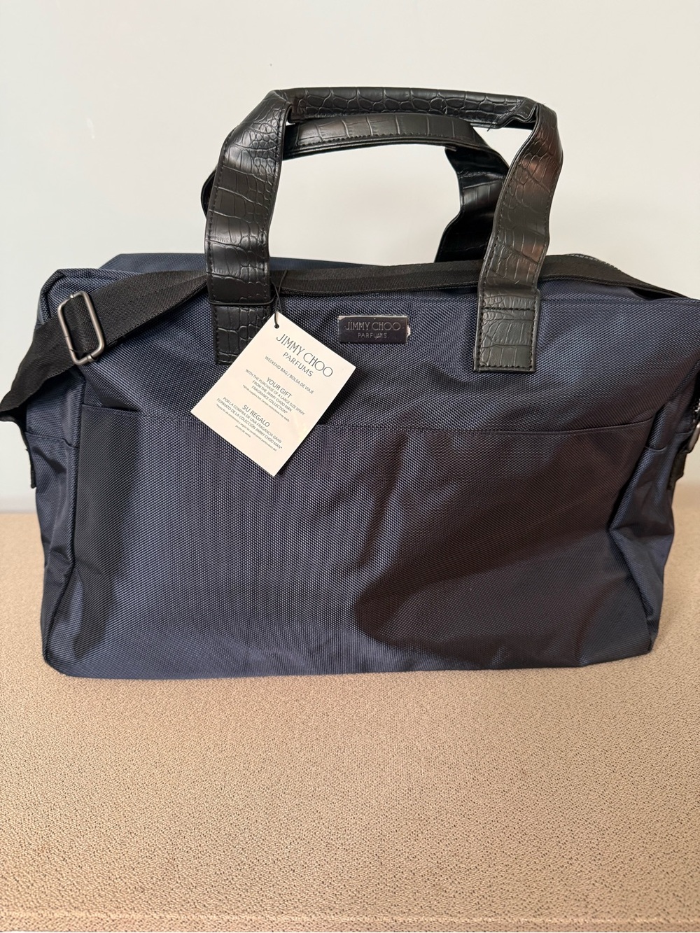 Jimmy Choo Navy and Black Duffel Bag with Croc-Embossed Handles
